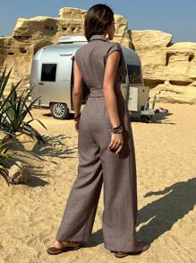 DAZY 度假商务休闲收腰扭结蝴蝶结V领直筒女式连体裤女式连体衣秋冬 - 咖啡棕 - 查看 2