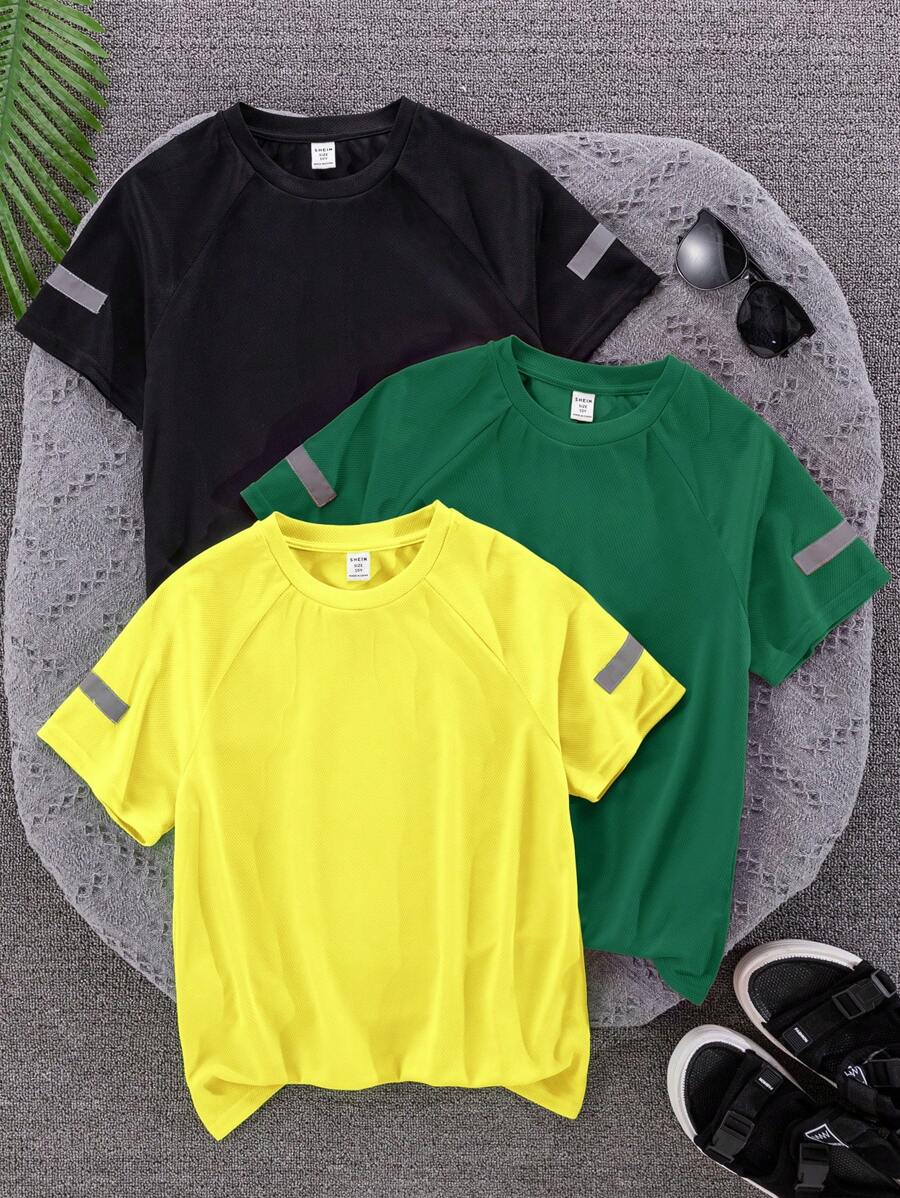 SHEIN 3pcs/Set Kids Tween Boys Casual Reflective Stripe Decor Loose Round Neck Short Sleeve Knitted T-Shirts, Sportwear 3-Piece Set, Suitable For School, Garden, Beach, Birthday, Spring/Summer/Autumn/Winter