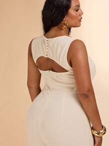 SHEIN BAE Plus Size Women Spring/Summer Solid Color Sleeveless Wide Leg Jumpsuit With Deep Square Neck, Vacation Wear - Apricot - View 7