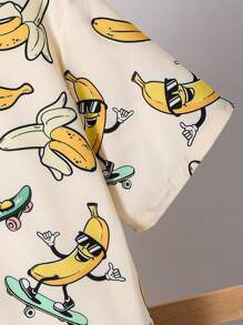 SHEIN 2pcs/Set Tween Boy Casual Loose Turndown Collar Patterned Short Sleeve Shirt & Shorts Set - Apricot - View 4