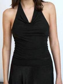 Maija Women's Black Summer Chic Club Top,Draped Neck Mesh Design Halter Neck Top,Casual Urban Commute Elegant Lady Top For Party Daily - Black - View 2