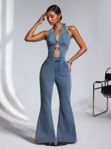 SHEIN ICON 女士休闲日常水洗镂空露背连体裤 - 藍色 - 查看 4