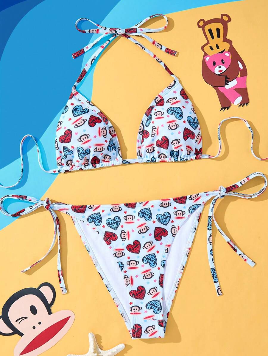 Paul Frank X SHEIN Women's Summer Beach Monkey Print Halter Bikini Set - Blue - View 1