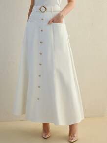 MOTF STUDIO BUTTON DECOR BELTED SKIRT