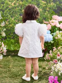 Baby Girl Fitted Woven Solid Color Ruffled Collar & Sleeve Dress - White - View 2