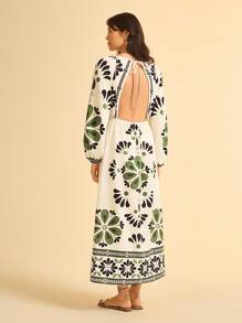 CAJUNI Women's Boho Vintage Floral Print Backless Dress With Waist Cutout, Long Sleeve Vacation Style