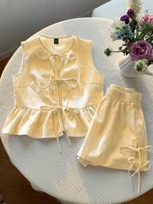 Comfortcana Women's Yellow Striped Woven Casual Outfit, Summer - Yellow - View 6