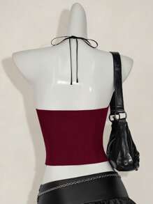 SHEIN ICON Fitted Lace 2 In 1 Halter Neck Women Tank Top Goth Goth - Burgundy - View 2