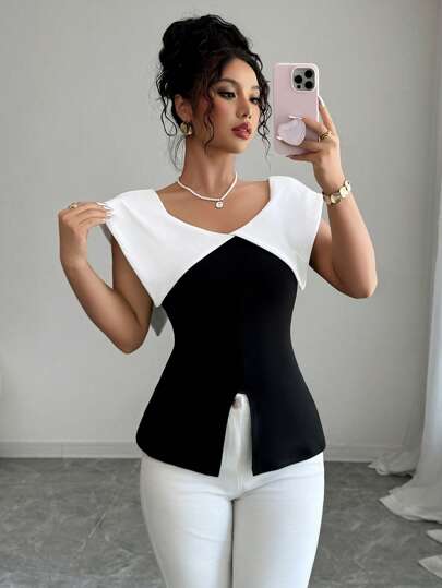 Elenzga 女士优雅褶皱拼色T恤，时尚夏装