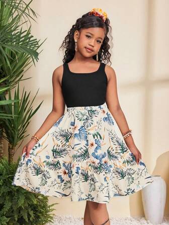 SHEIN Robe décontractée et simple avec encolure ras-du-cou sans manches et patchwork, pour filles préadolescentes
