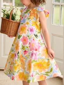 SHEIN Bohemian Floral Print, Tween Girl Casual Simple Ruffle Sleeve Dress, Suitable For Summer - Multicolor - View 1