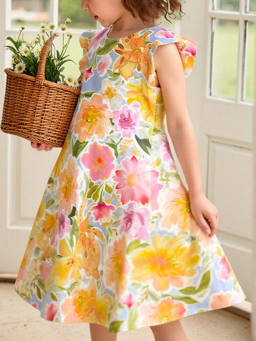 SHEIN Bohemian Floral Print, Tween Girl Casual Simple Ruffle Sleeve Dress, Suitable For Summer - Multicolor - View 1