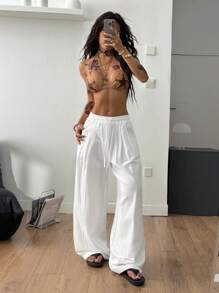 Coolane Women's Summer Minimalist Boho Vacation Casual Basic Daily Wear Linen Comfortable Low Rise Baggy Pants, Linen Pants