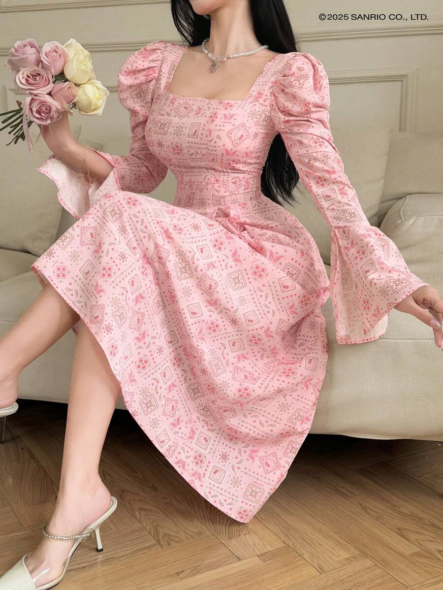 HELLO KITTY | DAZY IP合作款卡通印花泡泡袖方领中长款伞裙女装,秋季长袖碎花连衣裙女装 - 粉色 - 查看 1