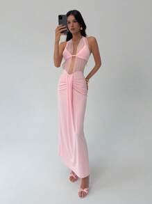 Aloruh Vestido maxi rosa de malla transparente y elegante con escote en V profundo y ajustado al Body, para mujer. Vestidos de verano, vestidos de graduación, vestidos de playa, vestidos de invitada de boda, atuendos de vacaciones para mujer - Rosa Pálido - Ver 6