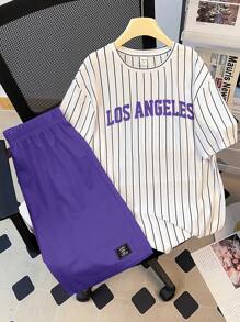 SHEIN Conjunto de 2 piezas de camiseta de manga corta y pantalones cortos para adolescentes, un estilo universitario cómodo y de moda, versátil y bonito, suave y adecuado para uso diario, escuela, viajes, deportes, rayas, fiestas festivas