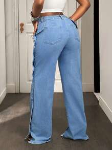 BamGleam Quần Jeans Nữ Thời Trang Sexy Rộng Rãi Nút Màu Trơn - Màu xanh lam - Xem 2