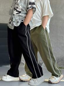 SHEIN Leap Crew 2pcs Tween Boy Clothing Set: Casual Sports Chic Minimalist Practical Soft Comfortable Straight Pants With Decorative Draw Cords And Waist Cords, Suitable For Daily Wear, School, Outings, Sports, All Seasons - Multicolor - View 1