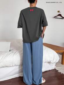 HELLO KITTY | DAZY 可爱卡通印花宽松 T 恤上衣和直腿裤女式睡衣套装 - 深灰色 - 查看 2