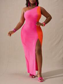 Slaydiva 大码女式性感不对称镂空前开叉紧身中长连衣裙，度假、优雅、简约