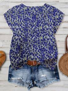 Linhara Plus Size Ditsy Floral Print Short Sleeve Shirt, Fashionable For Summer - Blue - View 2