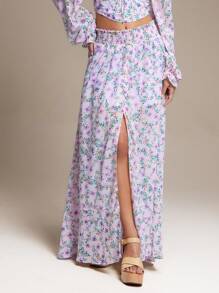 WESTFADE Spring Printed Chiffon Tiered Maxi Skirt With Slit - Pink - View 4