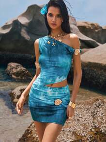 Poéselle Blue Skirt With Metallic Conch Shells, Gradient, Tie-Dye,Women's Metal Decor Tie-Dye Bodycon Mini Skirt, Suitable For Summer Women Short Dresses Summer,Suitable For Summer,Suitable For Daily Wear, Going Out, Vacation, Cocktail Party, Party, Wedding Guest, Yacht Party And Other Occasions PoesellePoeselle