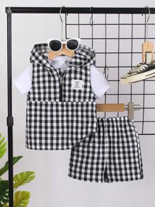 Conjunto de 3 piezas para niños pequeños compuesto por: sudadera de cuello redondo de manga corta con gráfico de letras, pantalones cortos casuales con estampado de palmeras de cintura elástica. Apropiado para exteriores, vacaciones, compras, fiestas, sesiones de fotos, etc. - Negro - Ver 2