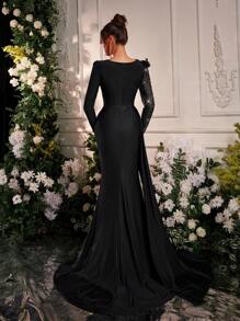 Glamrae 优雅、浪漫、性感针织串珠拼接长袖侧开衩高开衩鱼尾礼服、派对礼服、晚礼服、婚礼宾客礼服 - 黑色 - 查看 5