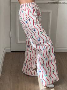 HELLO KITTY | DAZY 可爱波浪图案卡通全身印花宽松直筒女式睡裤，秋季 - 白色 - 查看 4