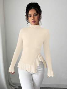 Elenzga Women's Ruffle Turtleneck Bodycon Long Sleeve Split Top