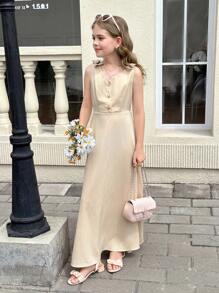 SHEIN Tween Girls Casual Commuter Butterfly Knot Decor Sleeveless A-Line Maxi Dress