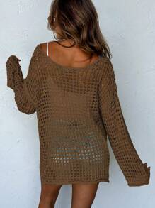 EMERY ROSE New Loose Vintage Style Hollow Out Solid Color Knit Sweater Fall Winter Cloth For Women - Bronze - View 2