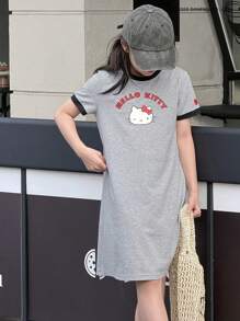 HELLO KITTY | DAZY 青少年女孩秋季服装合作款拼色针织短袖连衣裙，适合青少年女孩、夏季、返校服装 - 灰色 - 查看 1