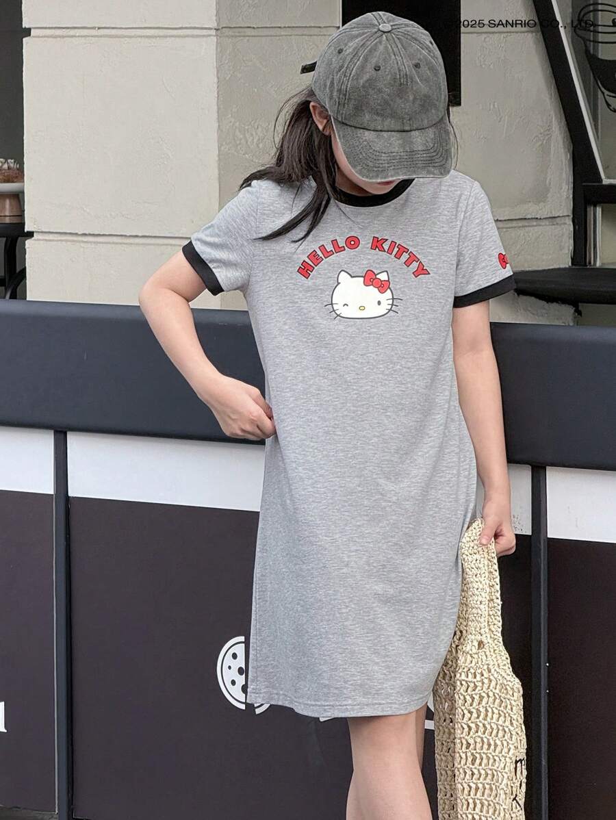 HELLO KITTY | DAZY 青少年女孩秋季服装合作款拼色针织短袖连衣裙，适合青少年女孩、夏季、返校服装 - 灰色 - 查看 1