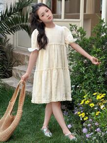 DAZY Tween Girls Fall Solid Round Neck Dress,Back To School Clothes - White - View 5