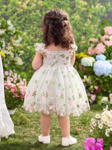 Baby Girl Woven Embroidered Mesh Square Collar Puff Sleeve Dress - Multicolor - View 2