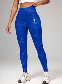 Easithlete 高腰烫金塑身瑜伽裤 - 寶藍色 - 查看 2