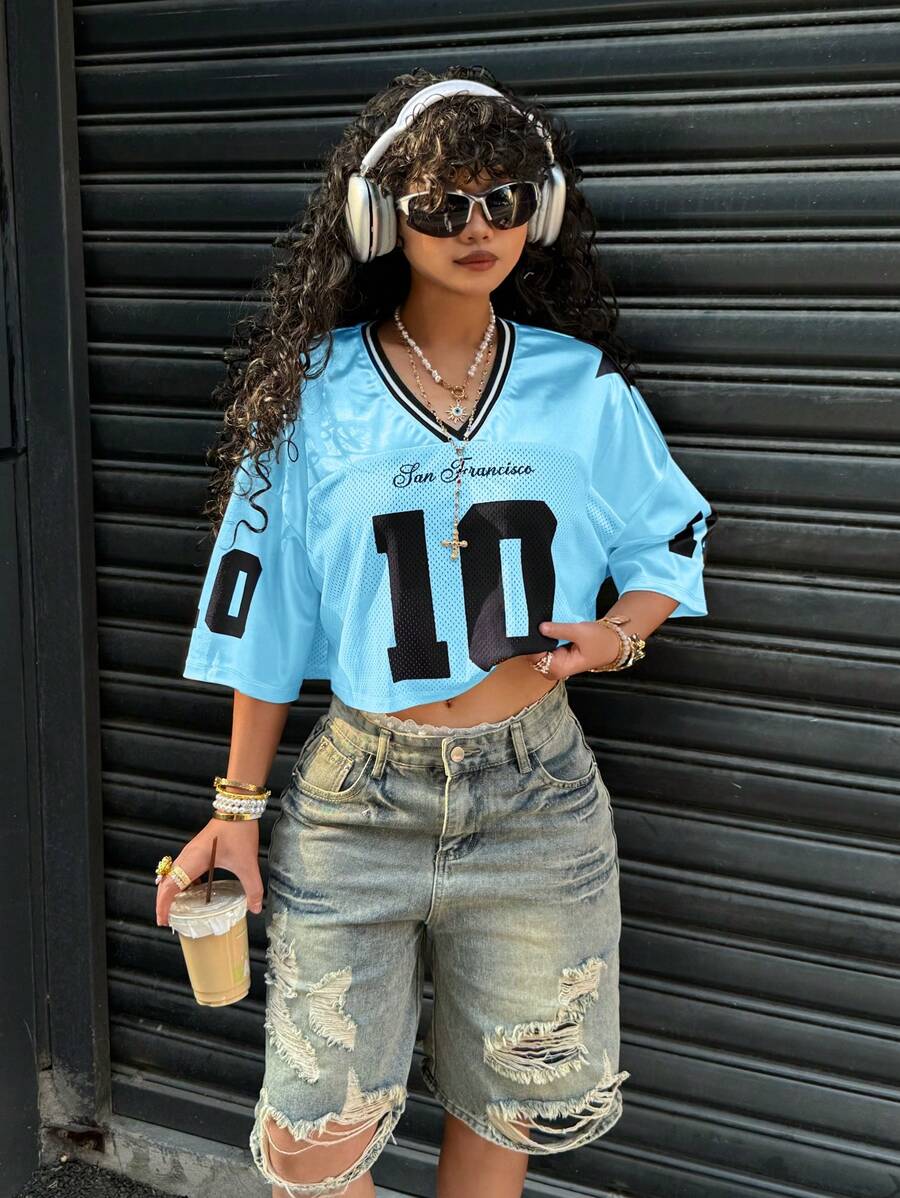 SHEIN EZwear Summer Blue Satin Contrast Mesh Cropped Printed T-Shirt