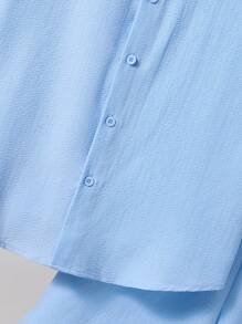 SHEIN 2 piezas Conjunto de camisa de manga corta y pantalón corto de niños adolescentes de textura de punto cómodo y casual, ropa de primavera