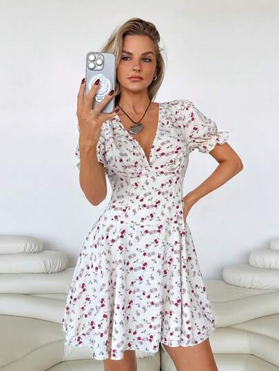 Roylia Women's V-Neck Ruched Waist Puff Sleeve Elegant Short Dress