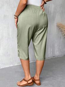 EMERY ROSE Pantalones de 3/4 con abertura y botones de madera sólida para mujer talla grande, pantalones casuales con cintura elástica para primavera/verano - Verde - Ver 2