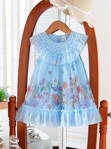 SHEIN Vestido azul dulce de fantasía para niñas con intrincado ribete de volantes, falda con estampado floral en floración, estilo de princesa de cuento de hadas para fiestas, actuaciones y diversas ocasiones - Azul - Ver 4