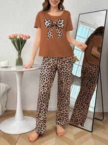 Conjunto de pijama de manga corta con estampado de leopardo y lazos para mujer - Multicolor - Ver 3