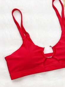 SHEIN Swim Sexy Solid Color Hollow Out Metal Decor Swimwear Top, Suitable For Beach Holiday For Summer Beach Vacation - Red - View 5