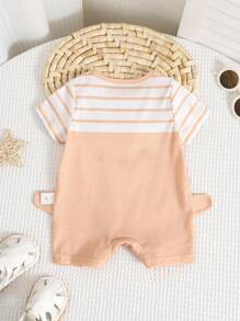 SHEIN Newborn Baby Boy/Girl Penguin Pattern Knitted Soft Crew Neck Short Sleeve Romper - Khaki - View 2