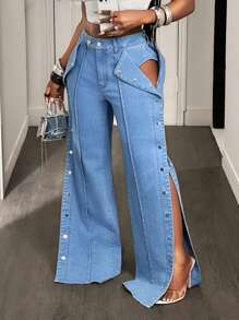 BamGleam Quần Jeans Nữ Thời Trang Sexy Rộng Rãi Nút Màu Trơn - Màu xanh lam - Xem 7