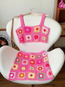 Comfortcana 2 Pieces Set Women Summer Vacation Fashion Hollow Knit Camisole & Mini Skirt - Pink - View 2