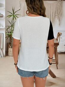 SHEIN LUNE Große Größen Schwarz & Weiß kontrastierendes Reißverschluss Waffelpique Kurzarm T-Shirt