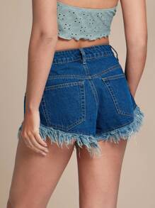 WESTFADE High Rise Fitted Dolphin Hem Frayed Western Cowgirl Nashville Rodeo Denim Shorts - Blue - View 5